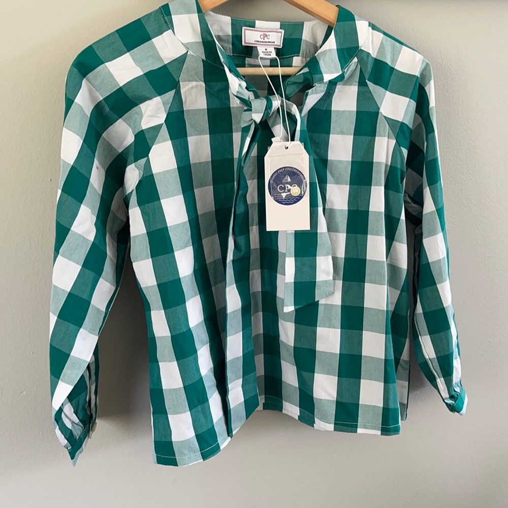 Classic Prep Childrenswear Becca Neck Tie Shirt Cadium Green Buffalo Check